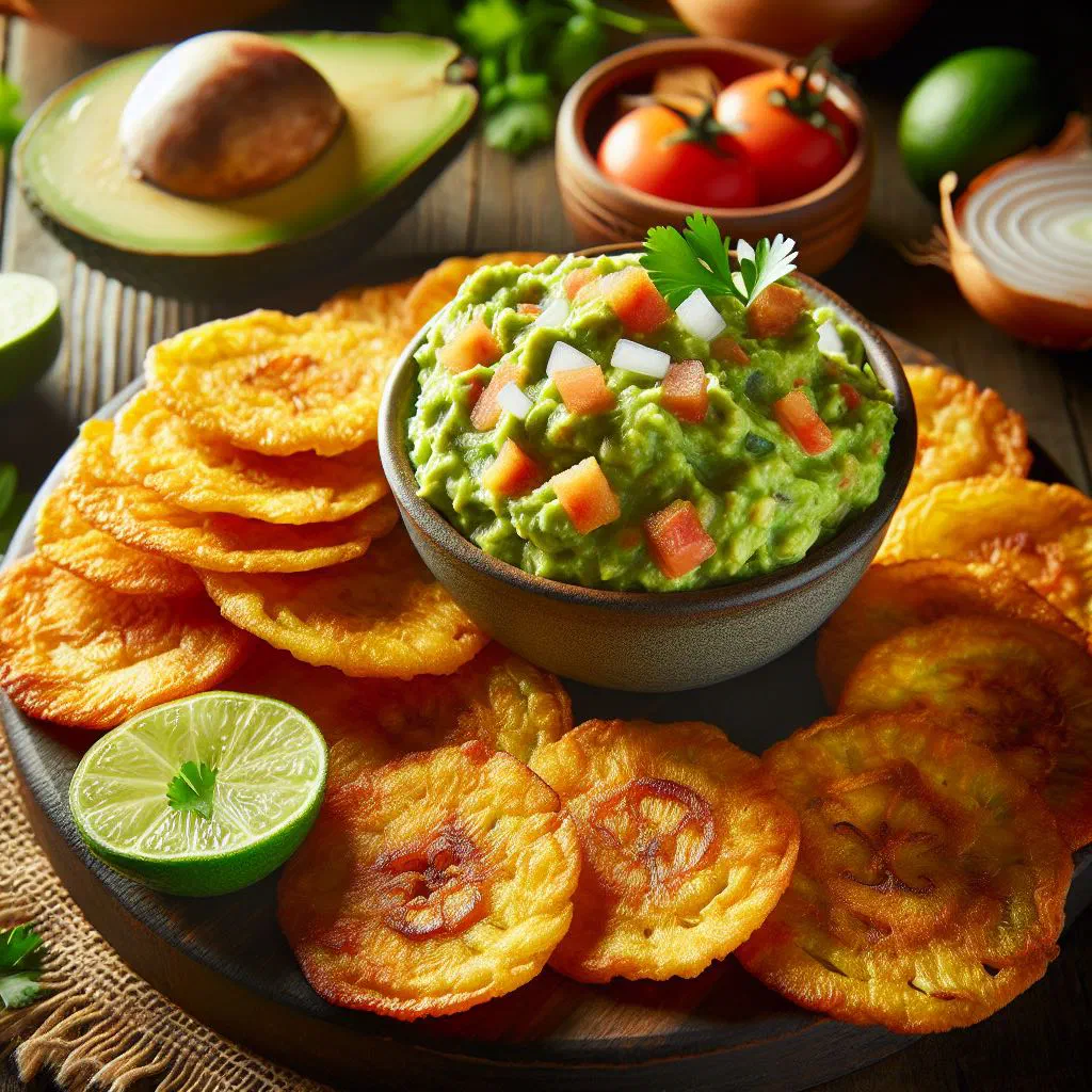 Crispy fried green plantains served with a bowl of creamy guacamole