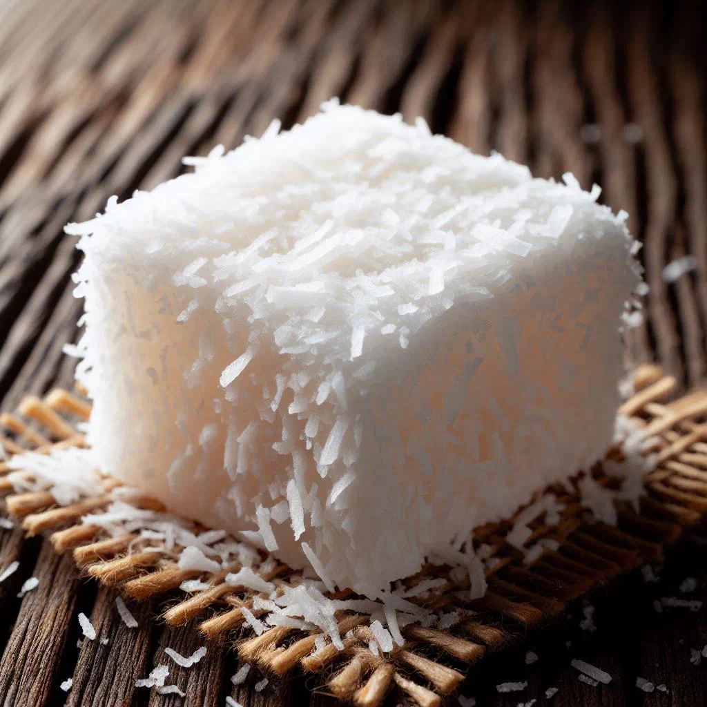 Golden baked coconut dessert squares of pavé de coco on a plate
