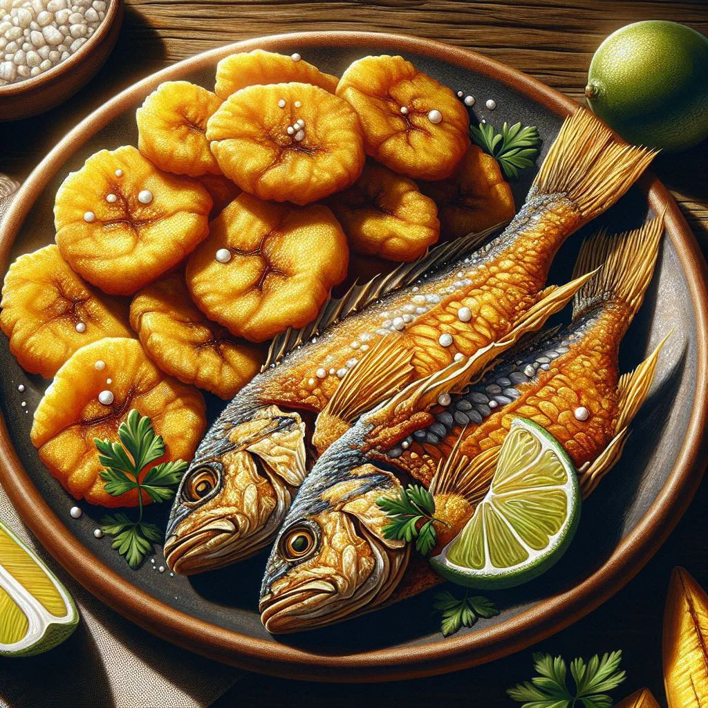 Crispy fried fish served with golden patacones and a wedge of lime