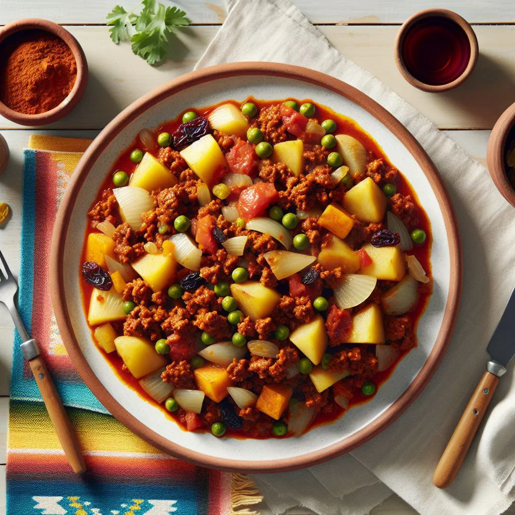 Panamanian picadillo de carne, spiced minced beef with peppers, tomatoes and olives