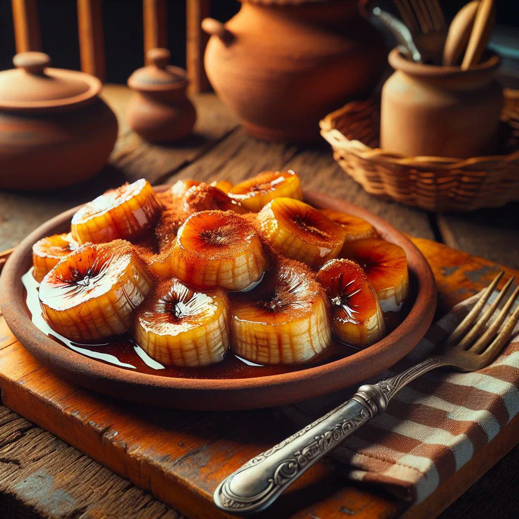 Caramelised ripe plantains in a glossy cinnamon syrup, served warm