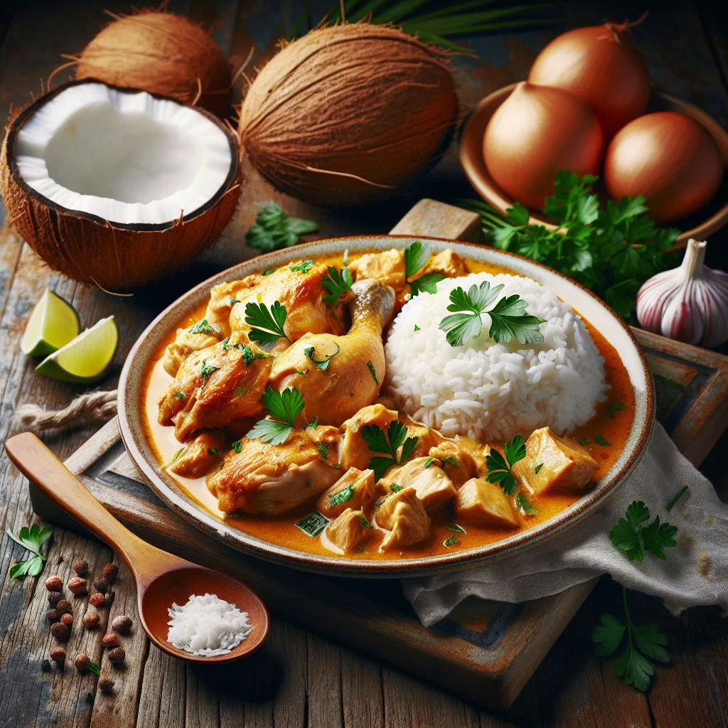 Chicken simmered in creamy coconut sauce, garnished with fresh coriander