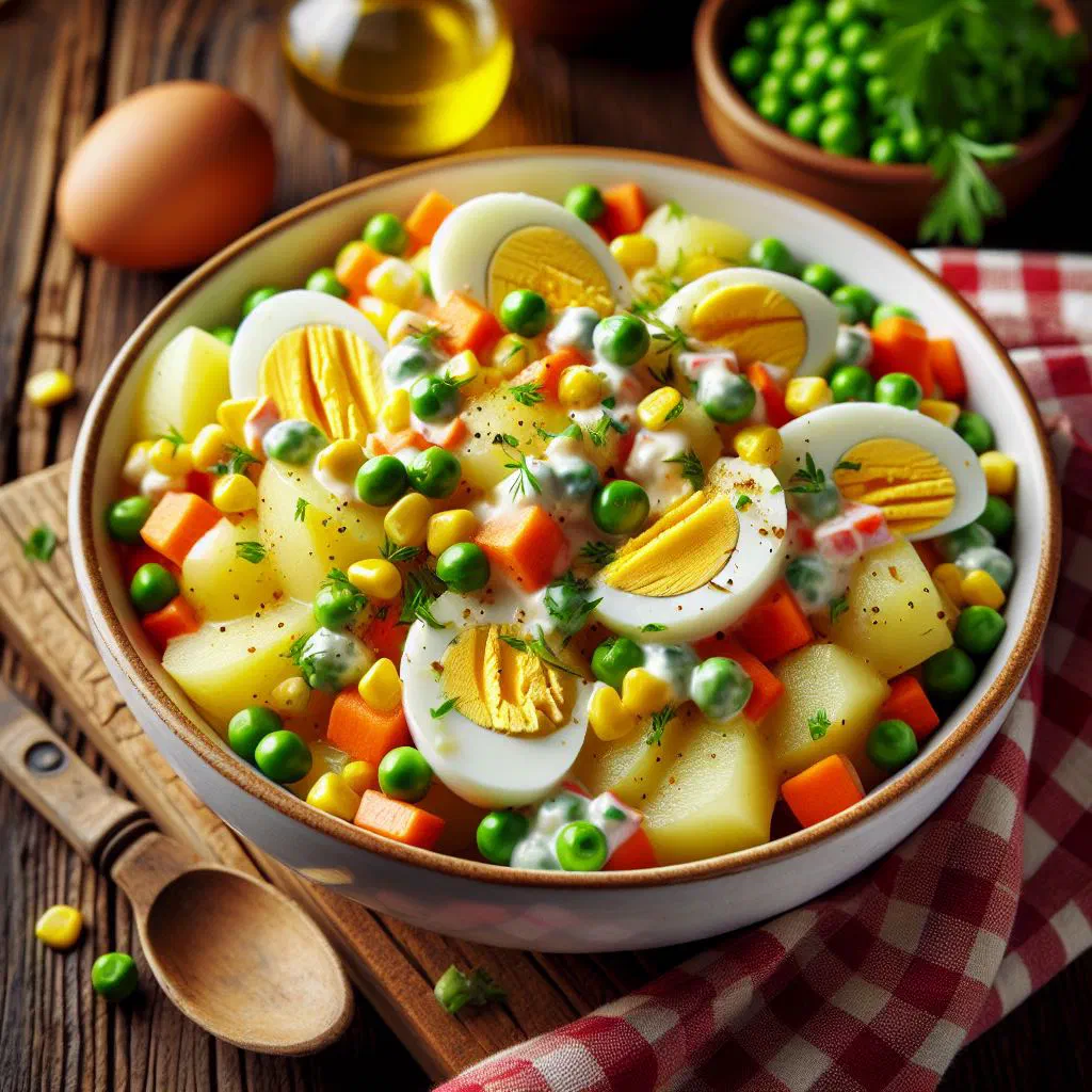 Creamy Panamanian potato salad with carrots and peas, garnished with parsley