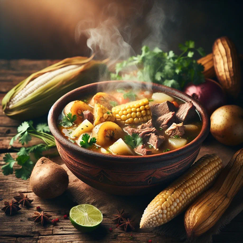 A bowl of Panamanian sancocho with chicken, yuca and fresh coriander