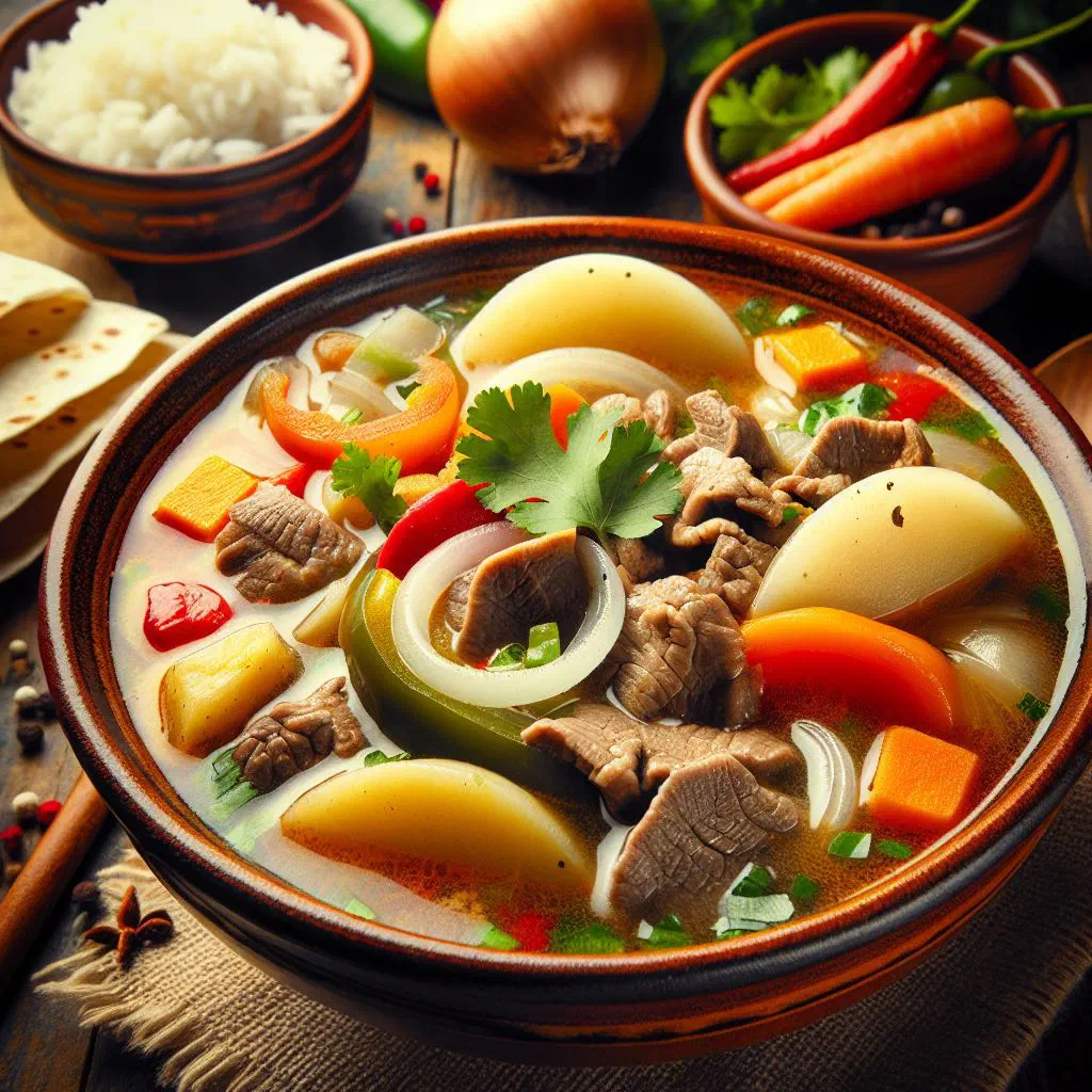 Bowl of Panamanian sopa de mondongo with tripe, vegetables and a wedge of lime