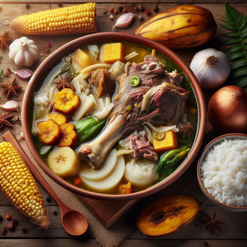 A bowl of Panamanian sopa de pata with tender beef, vegetables and fresh coriander