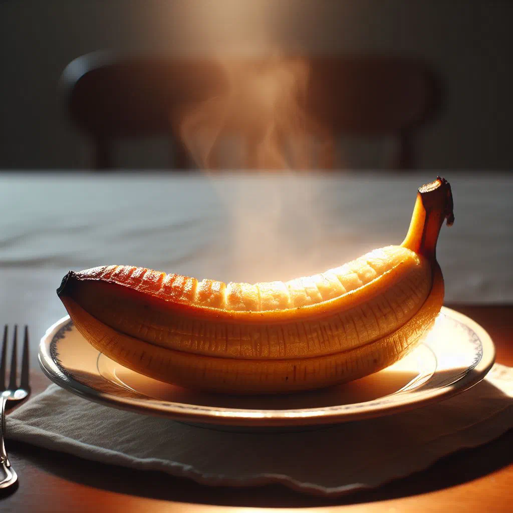 Golden baked banana pieces dusted with icing sugar on a plate
