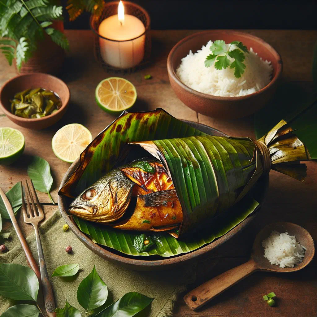 Whole fish baked in a banana leaf parcel with lime and fresh herbs