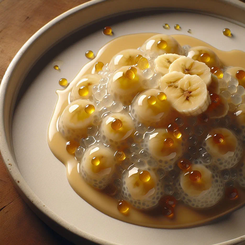Banana sago pudding in a small bowl with sliced banana and coconut milk