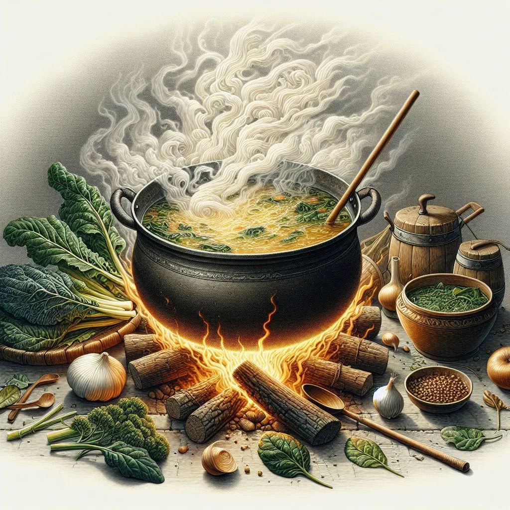 Bowl of boil-up with sweet potato, carrot and leafy greens in broth