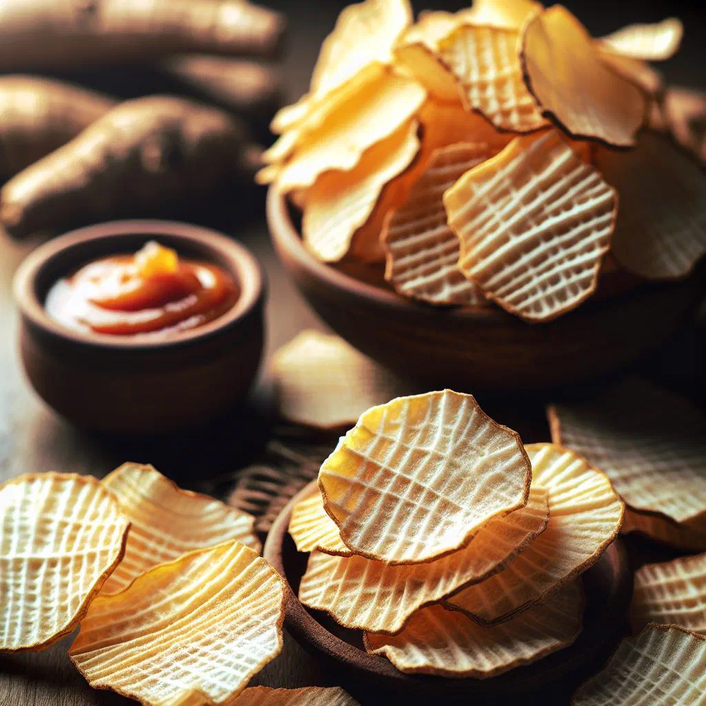 Golden crisp cassava chips piled in a bowl with a sprinkle of salt