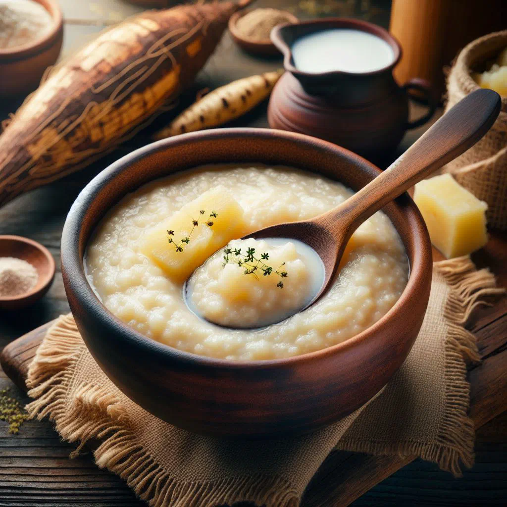 Creamy cassava porridge in a bowl topped with sliced banana and coconut milk