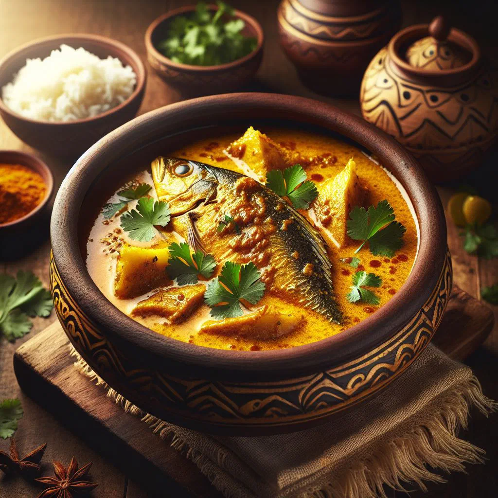 Coconut fish curry with vegetables in a creamy sauce, garnished with fresh coriander