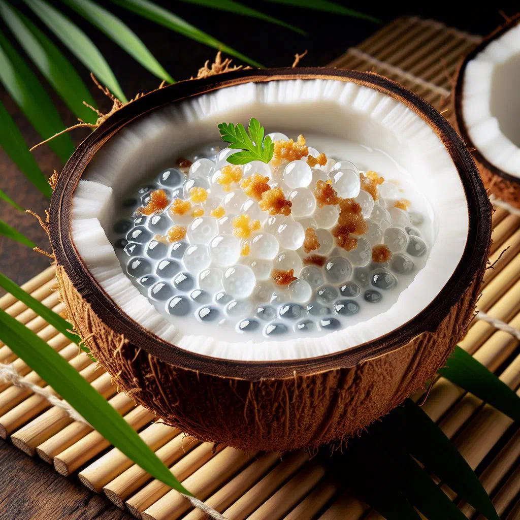 Creamy coconut sago pudding in a glass, topped with fresh mango