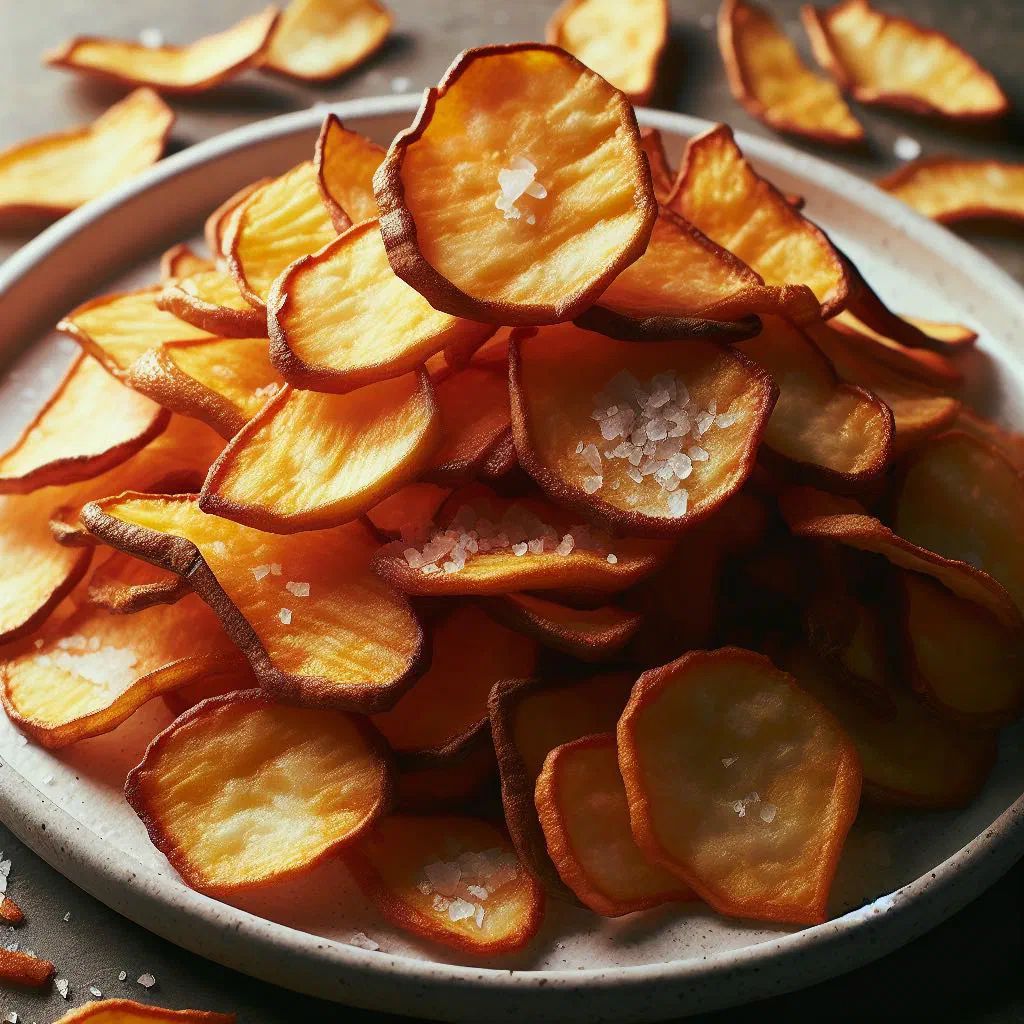 Golden fried cassava chips piled in a rustic bowl with a dip