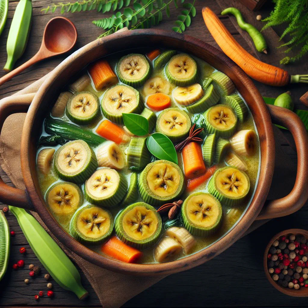 Green banana stew with vegetables in a rustic bowl, garnished with fresh herbs