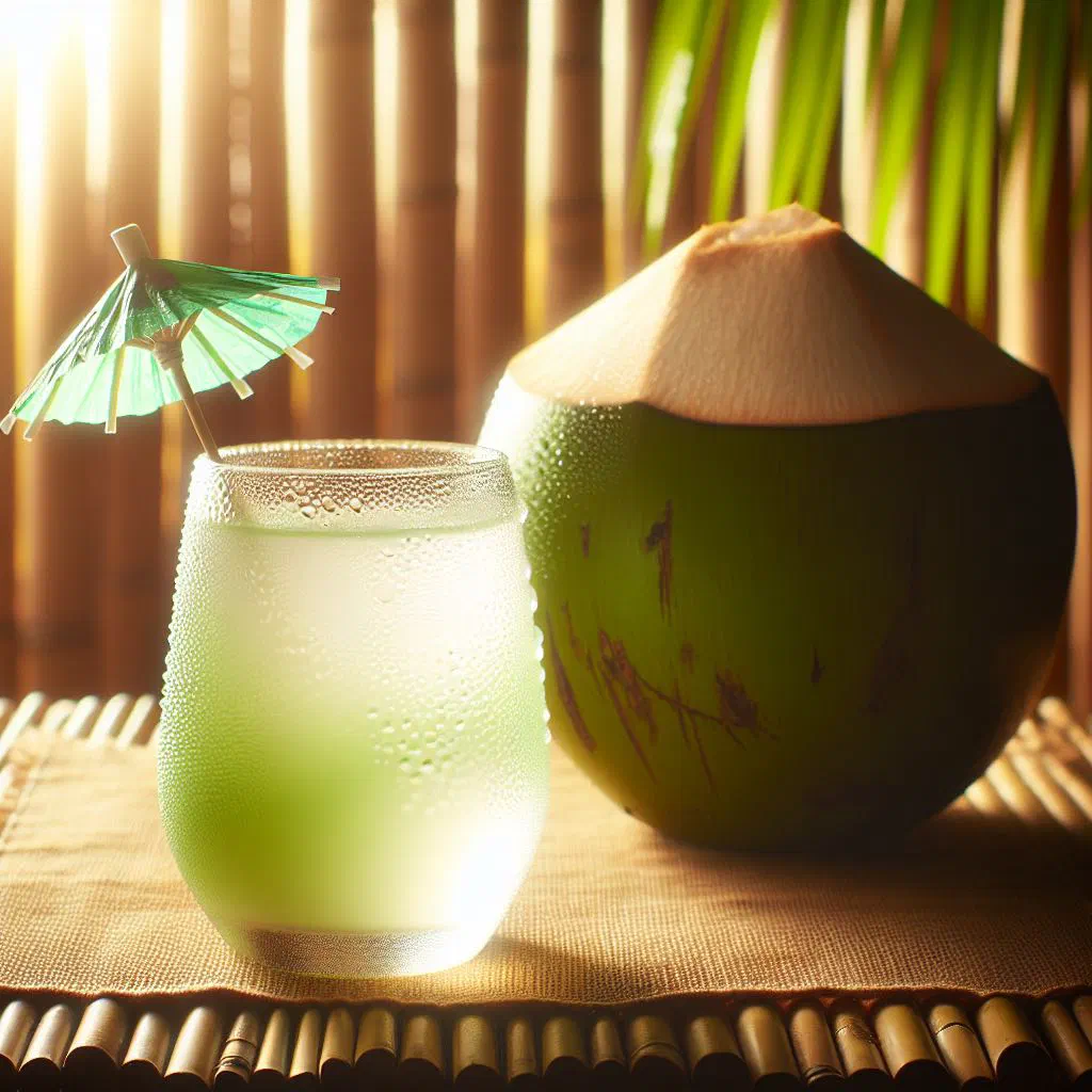 Fresh kulau drink served in a young coconut with ice and mint