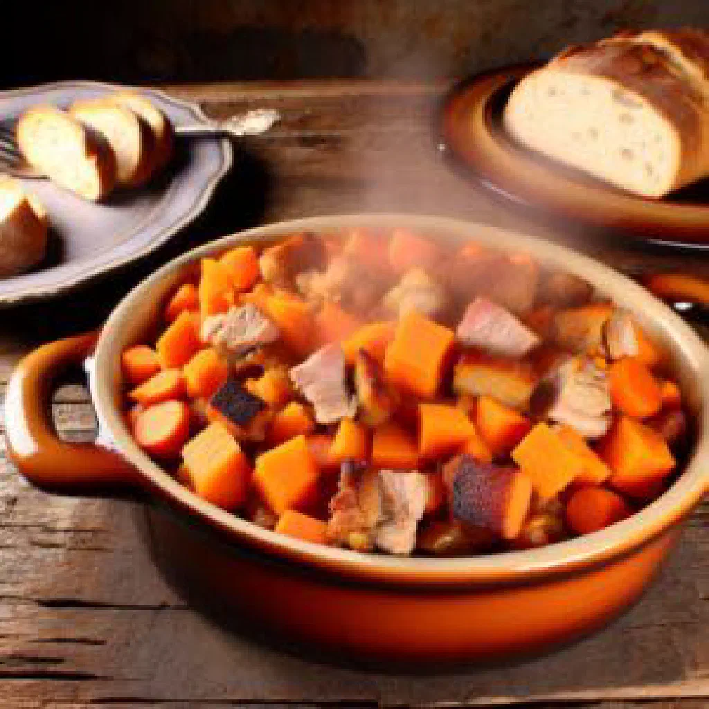 Mumu kuku of slow-cooked meat, sweet potato and carrots with fresh herbs