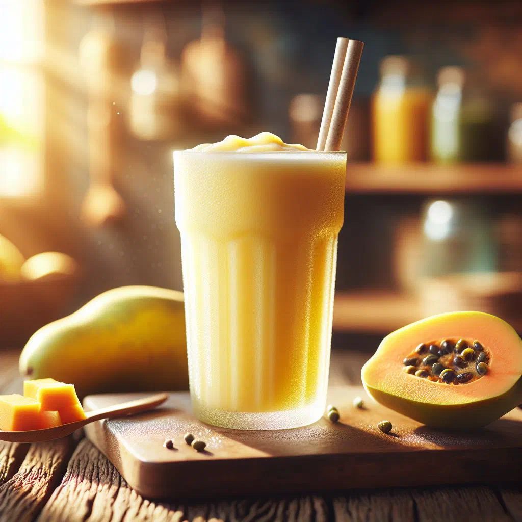Creamy pawpaw smoothie in a glass with a slice of papaya on the rim