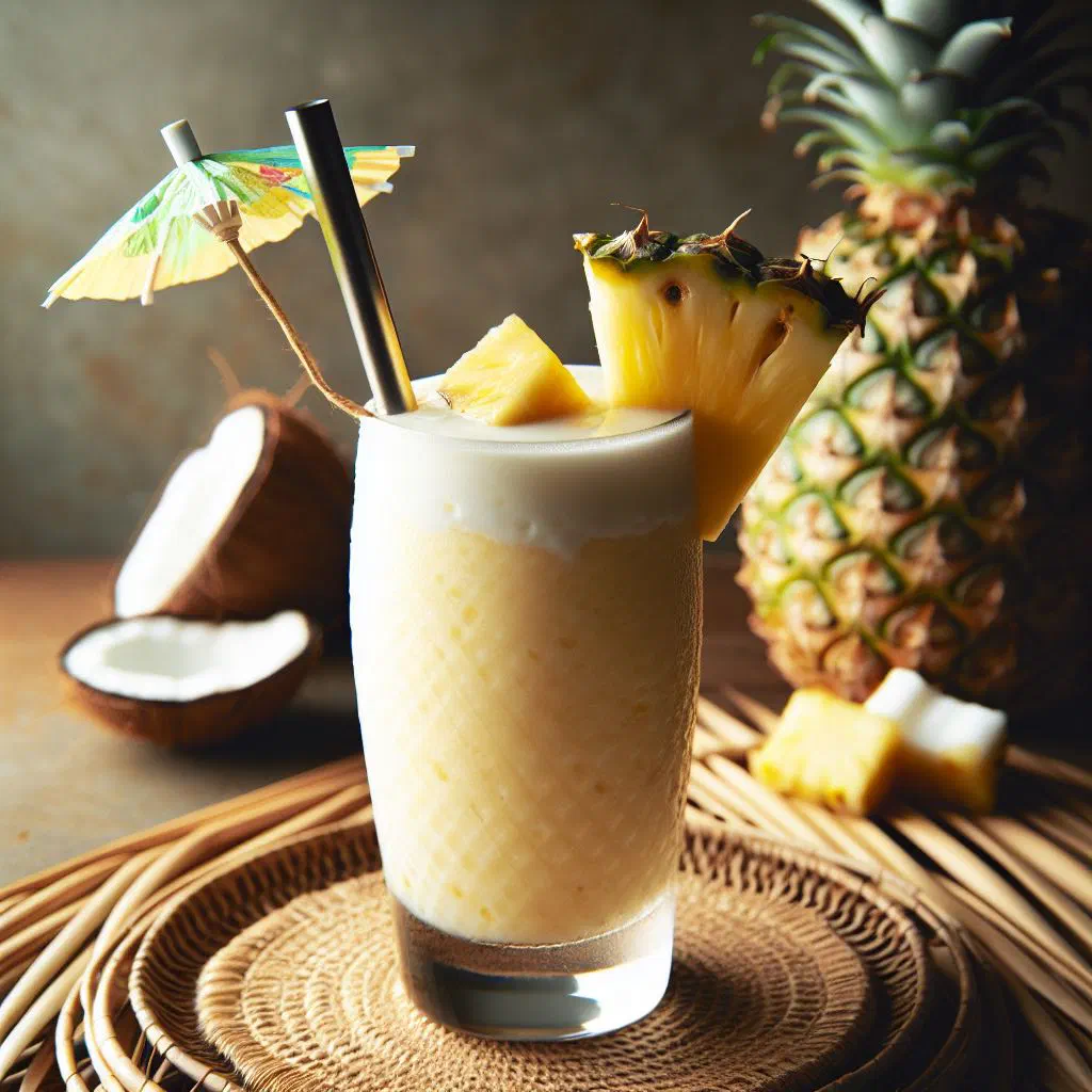 Creamy pineapple and coconut smoothie in a glass with a pineapple wedge