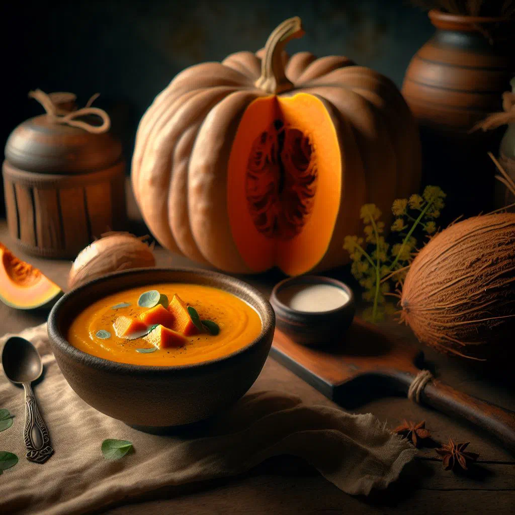 Creamy pumpkin and coconut soup in a deep bowl with fresh herbs and toasted seeds