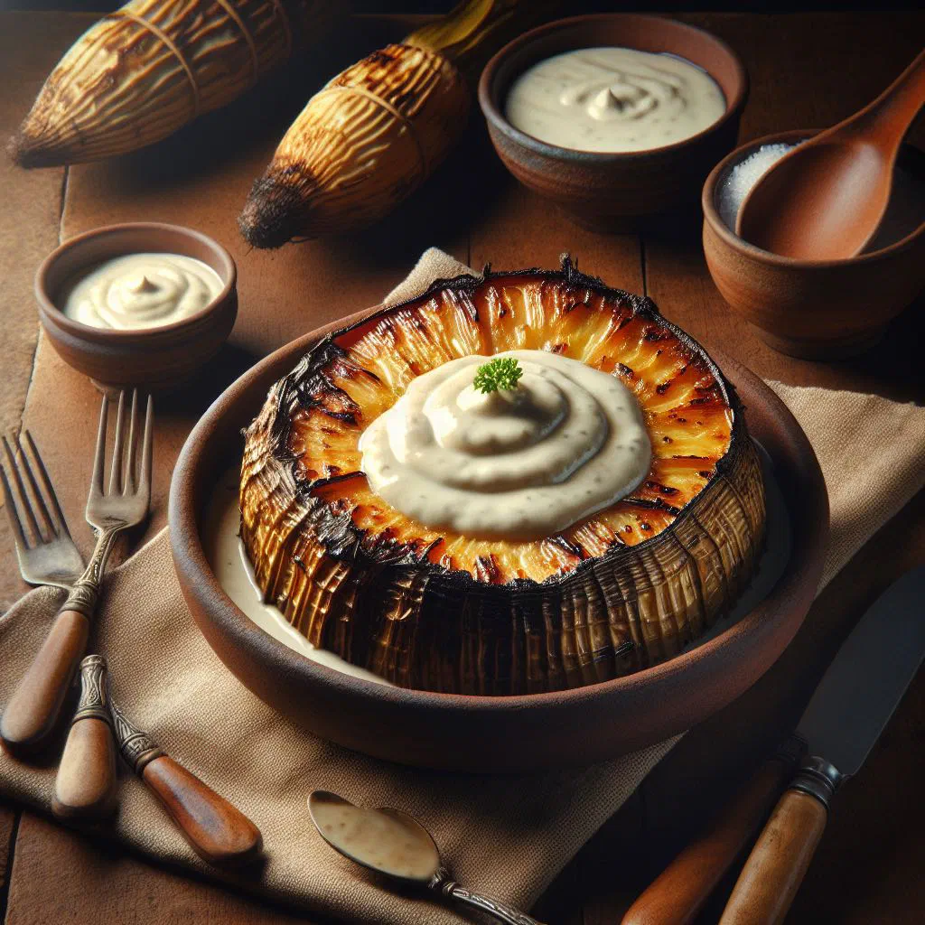 Golden roasted taro pieces topped with creamy coconut sauce and coconut flakes