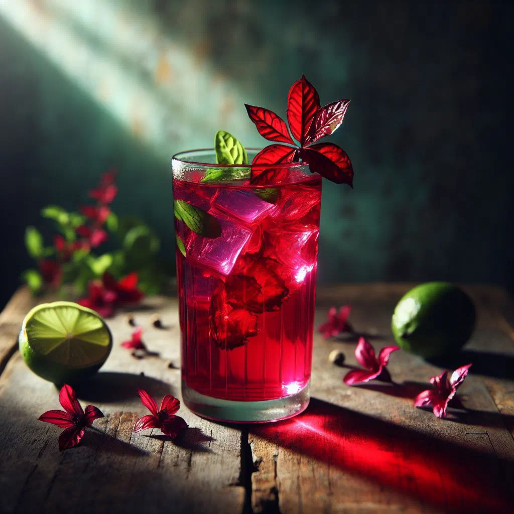 Deep red sorrel drink served over ice with lime and fresh mint