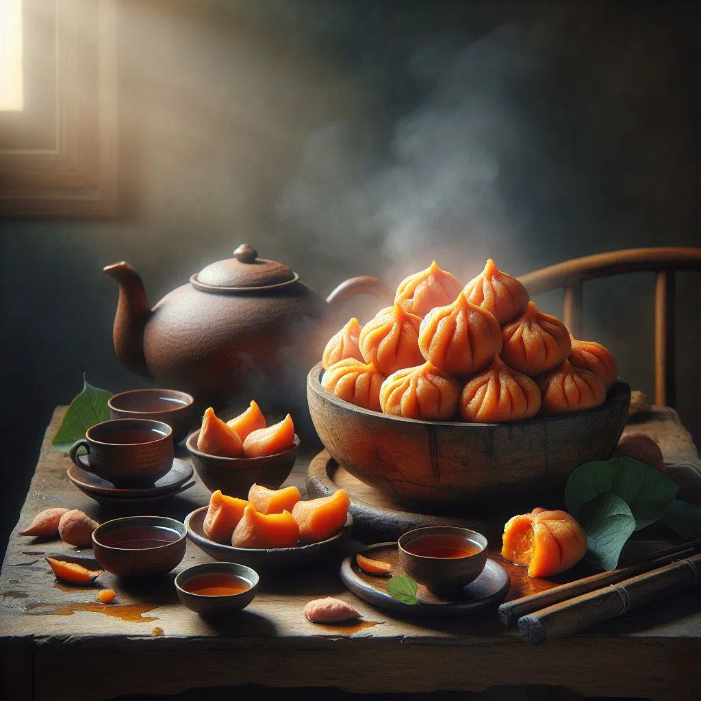 Golden pan-fried sweet potato dumplings on a plate with fresh herbs