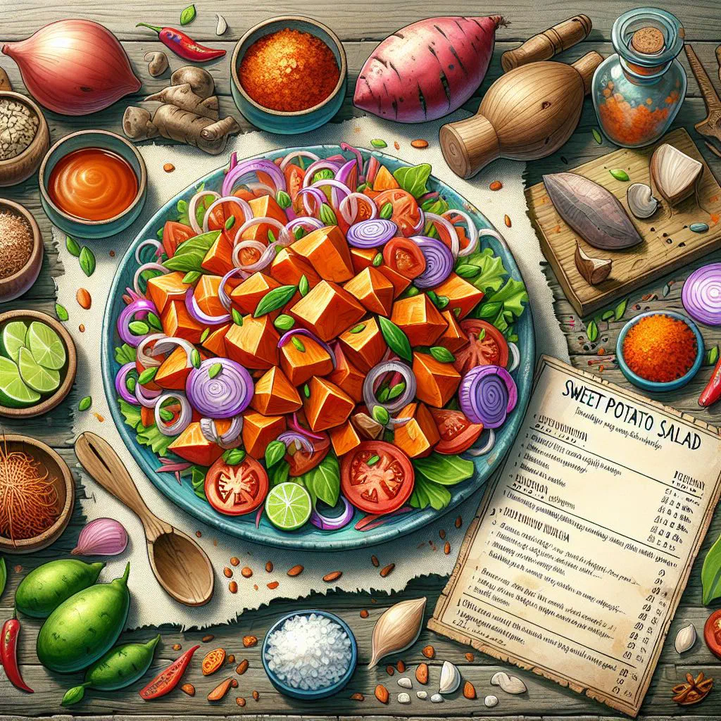 Colourful sweet potato salad with peppers, red onion and fresh coriander