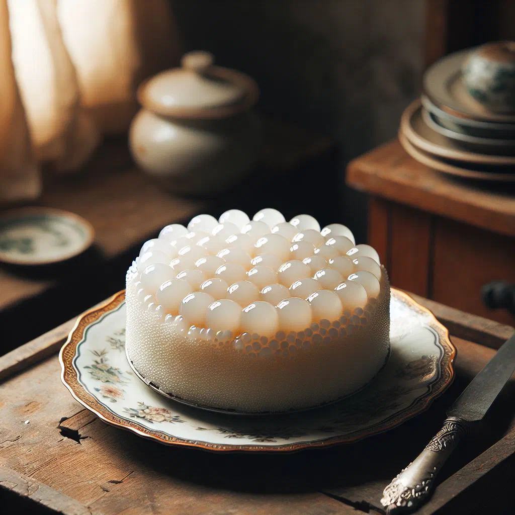 Golden baked tapioca cake cut into squares on a plate