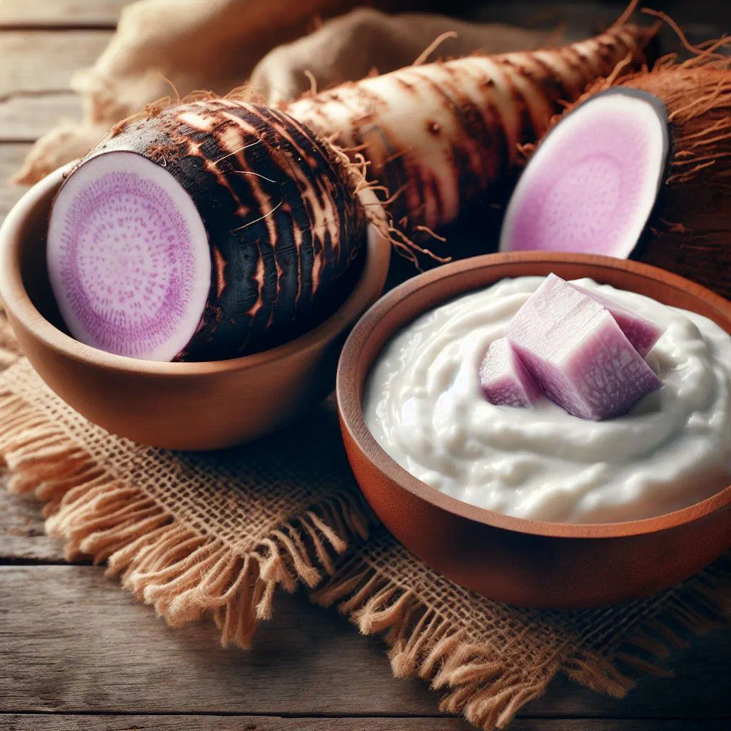 Bowl of tender taro pieces in warm coconut cream, garnished with fresh herbs