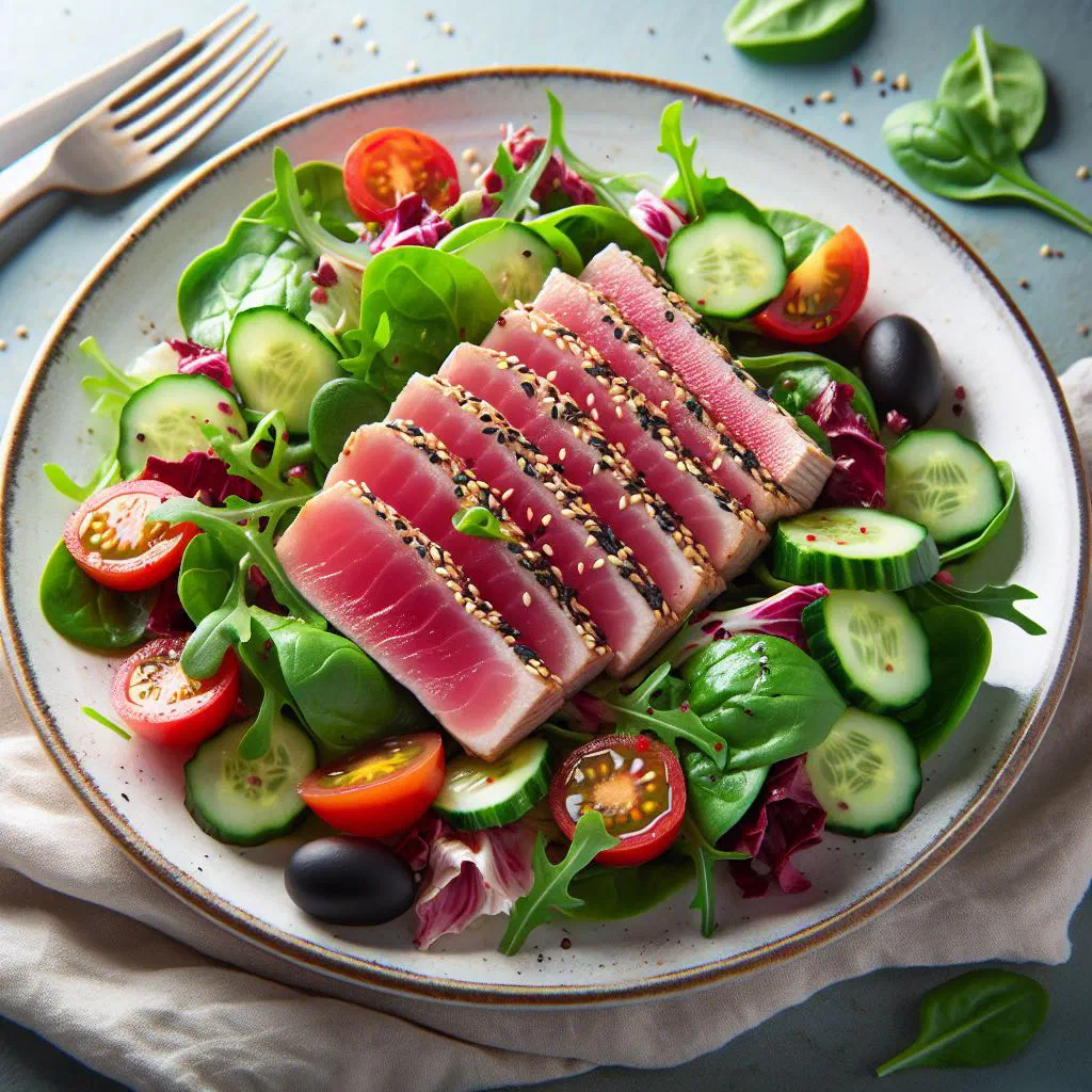 Grilled yellowfin tuna salad with peppers, cucumber and fresh herbs