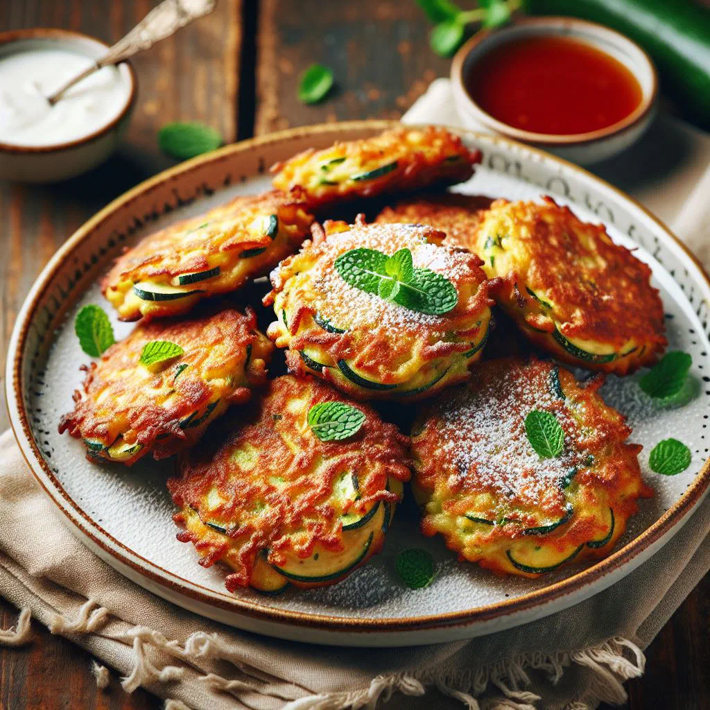 Golden zucchini and coconut fritters piled on a plate with fresh herbs