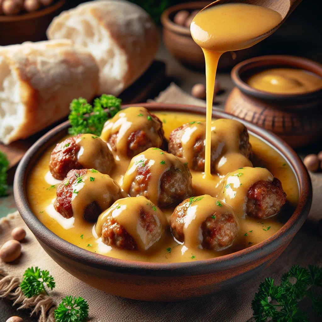 Meatballs in a creamy cassava sauce garnished with fresh parsley