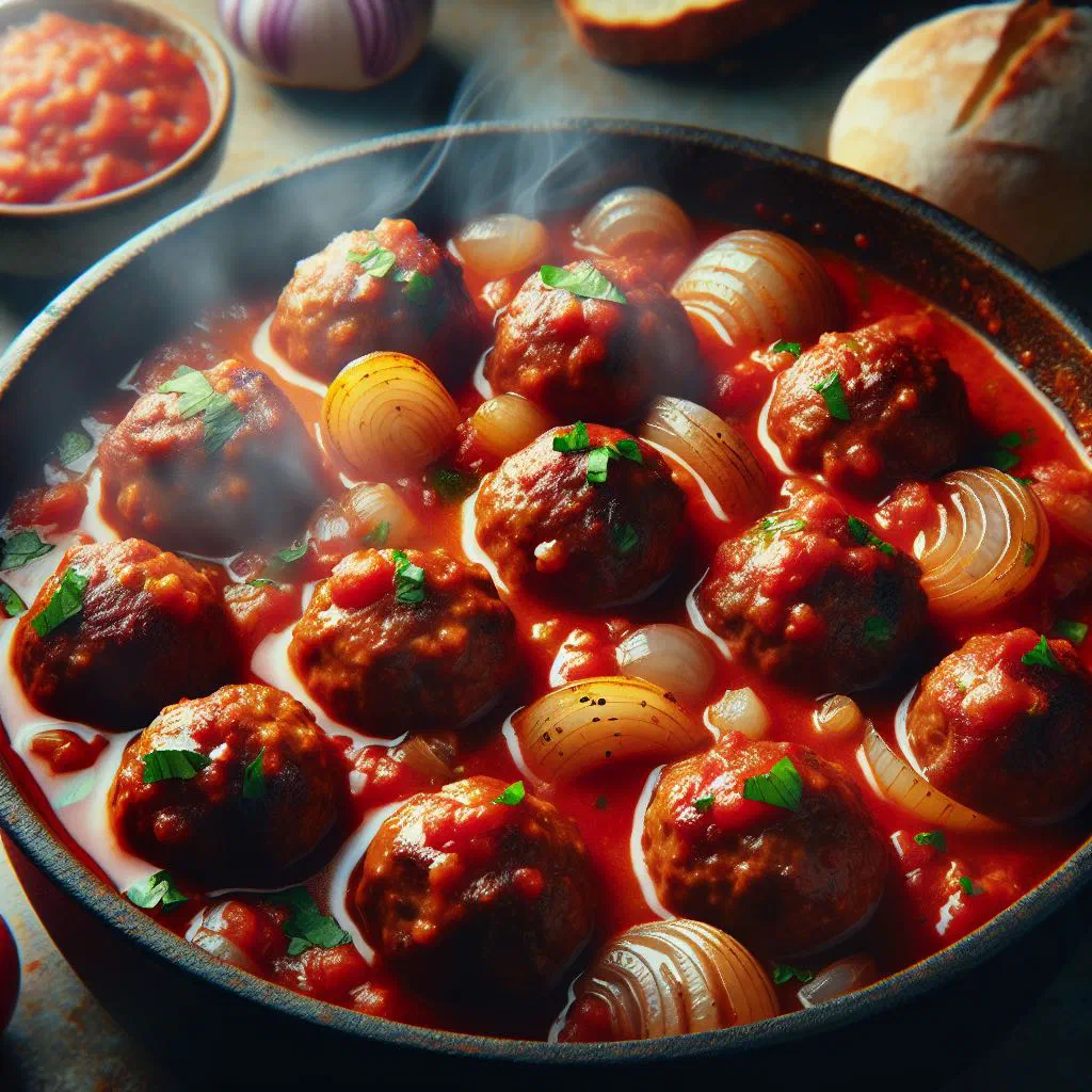 Paraguayan albóndigas en salsa, beef meatballs simmered in a rich tomato sauce