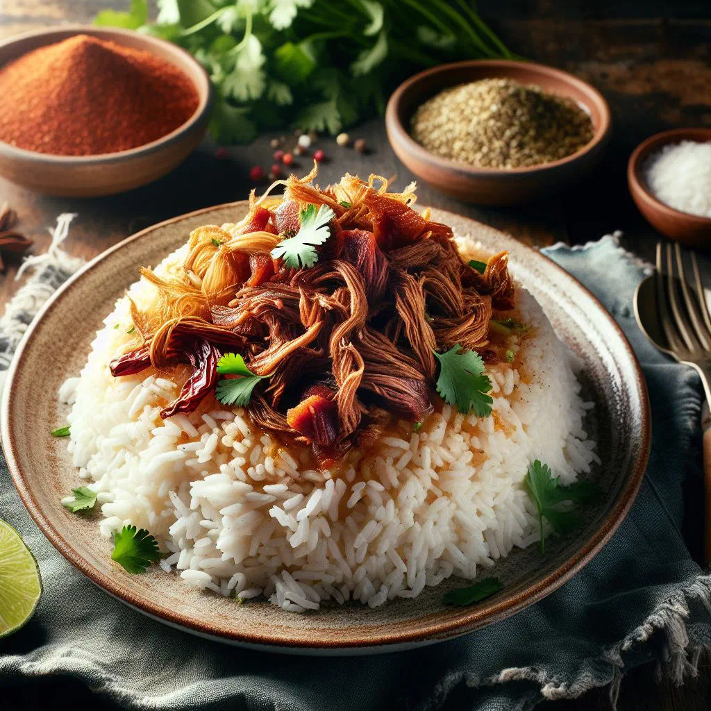Bowl of arroz con charque with rice and shredded dried beef