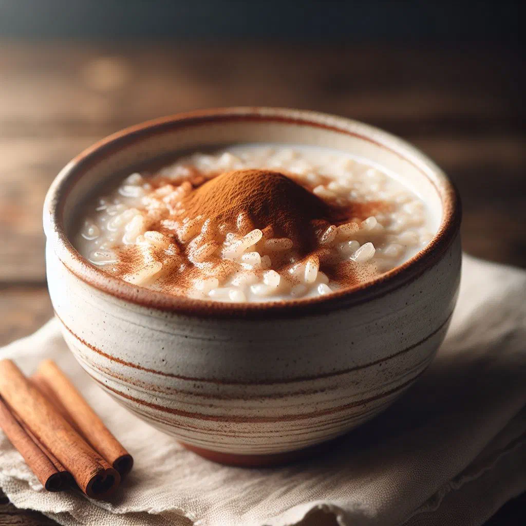 Creamy arroz con leche dusted with cinnamon in a small bowl
