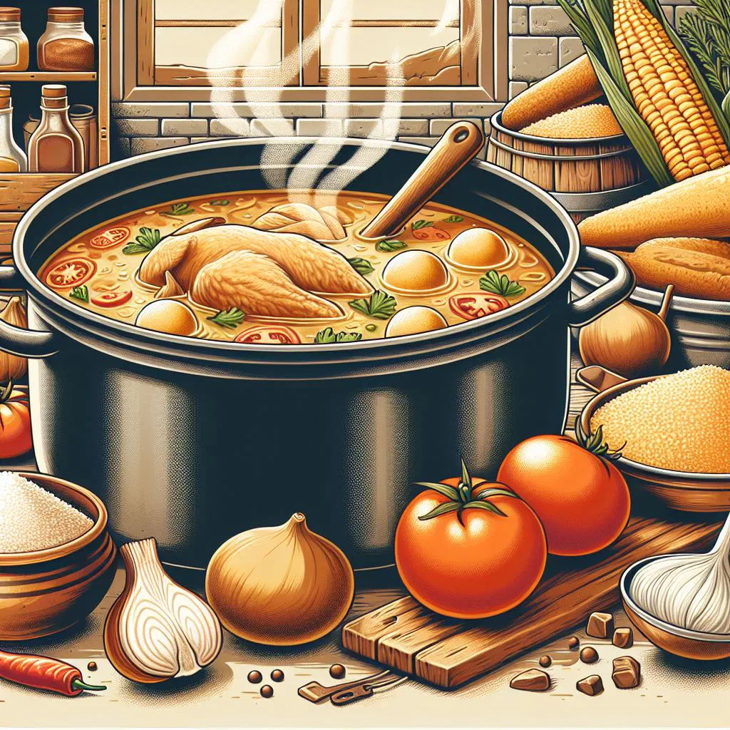 Bowl of bori bori with cornmeal dumplings and chicken in a golden broth