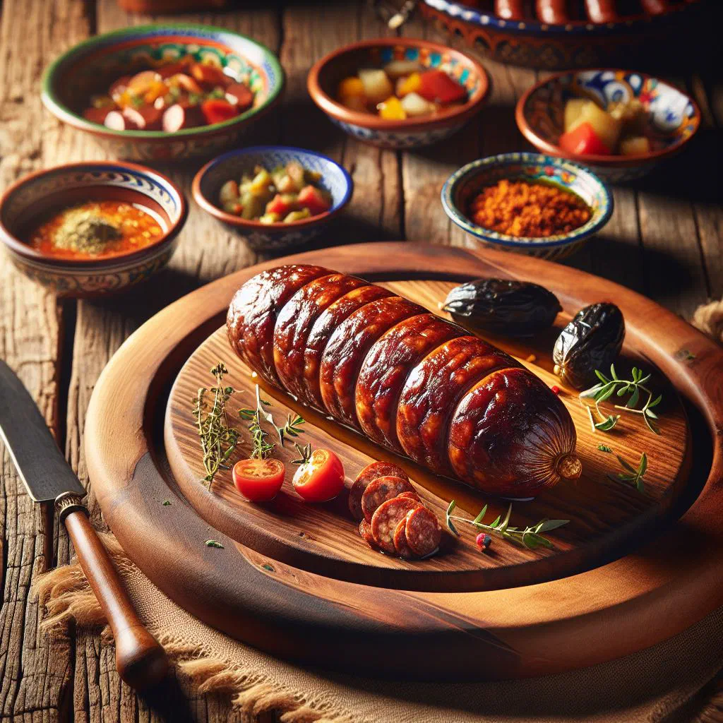 Homemade butifarra casera sausages grilled golden and sliced on a wooden board