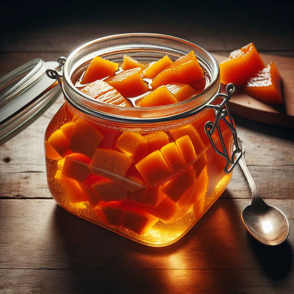 Candied pumpkin pieces glazed in cinnamon syrup, served in a small bowl