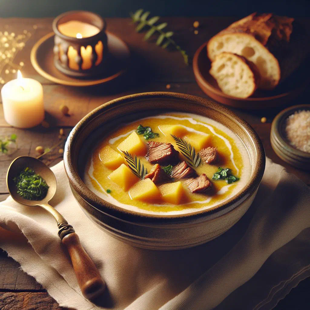A warming bowl of Paraguayan cassava soup topped with fresh herbs