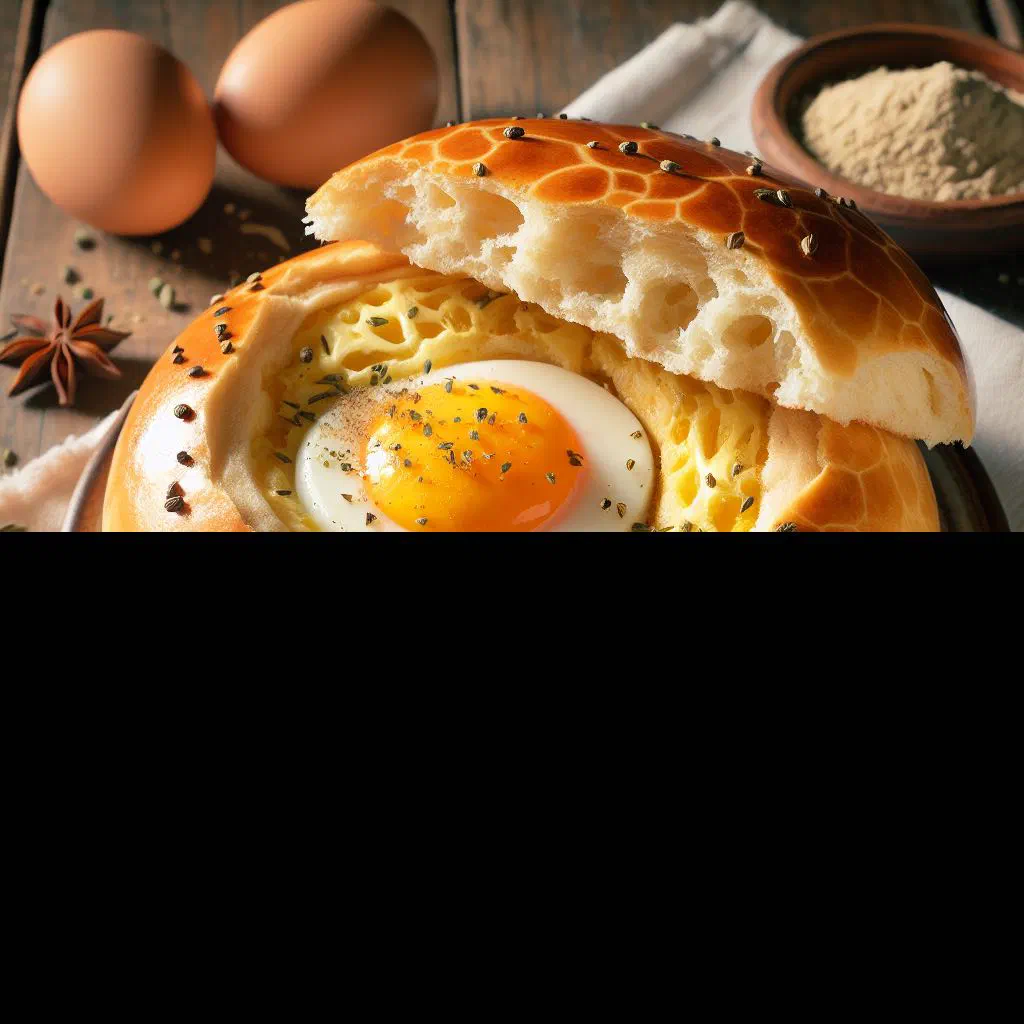 Golden baked chipa con huevo with an egg nestled in the centre