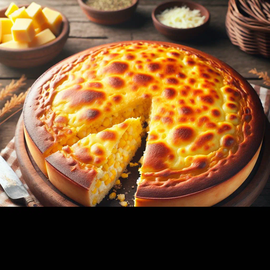 Golden baked chipa guasu corn and cheese casserole, sliced and served warm