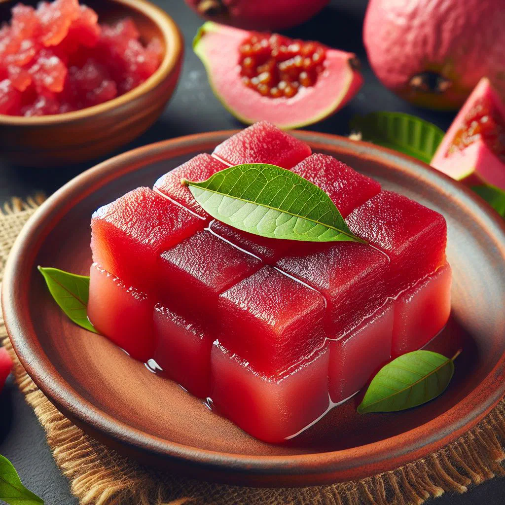 Sliced guava paste served on a plate with fresh fruit