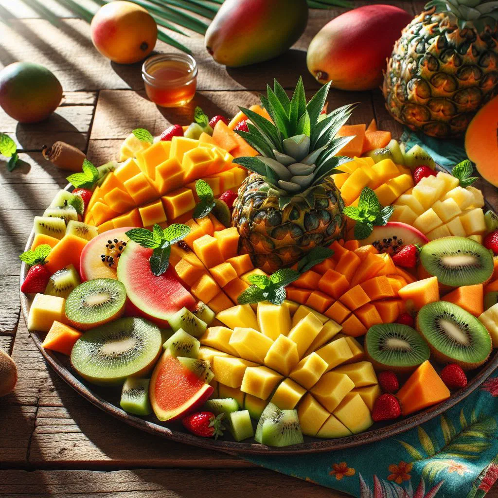 Colourful tropical fruit salad with papaya, pineapple and mango, garnished with mint