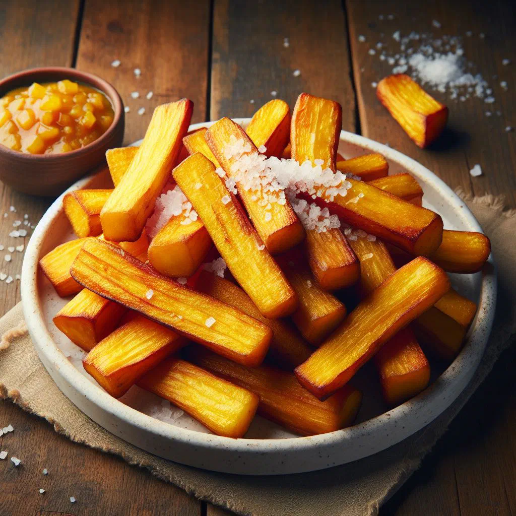 Golden fried yuca strips sprinkled with salt on a rustic board