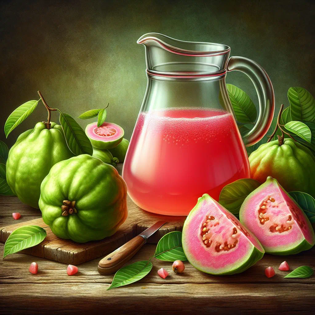 A tall glass of fresh guava juice with ice and fruit slices