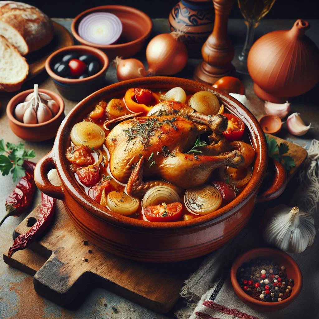 Bowl of Paraguayan guiso de gallina chicken stew with vegetables