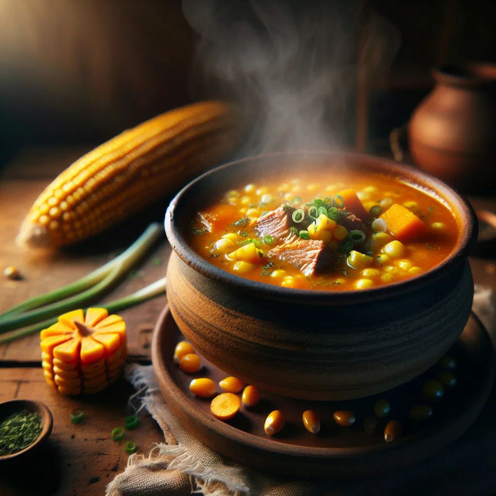 Bowl of Locro Paraguayo stew with cassava, corn, beans and meat, garnished with fresh herbs