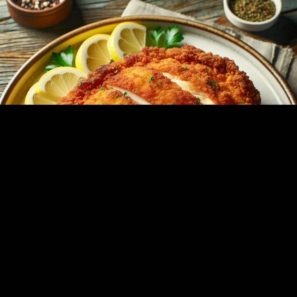 Golden breaded chicken milanesa with a wedge of lemon